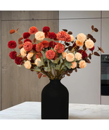 Fall Flowers, Burnt Orange Faux Kiku Flowers Artificial 10 Stems + Eucal... - $56.78 CAD