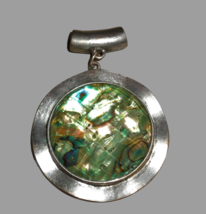 Silver Tone Metal Circle Abalone Shell Pendant Faceted Glass Chunky Statement - £8.69 GBP