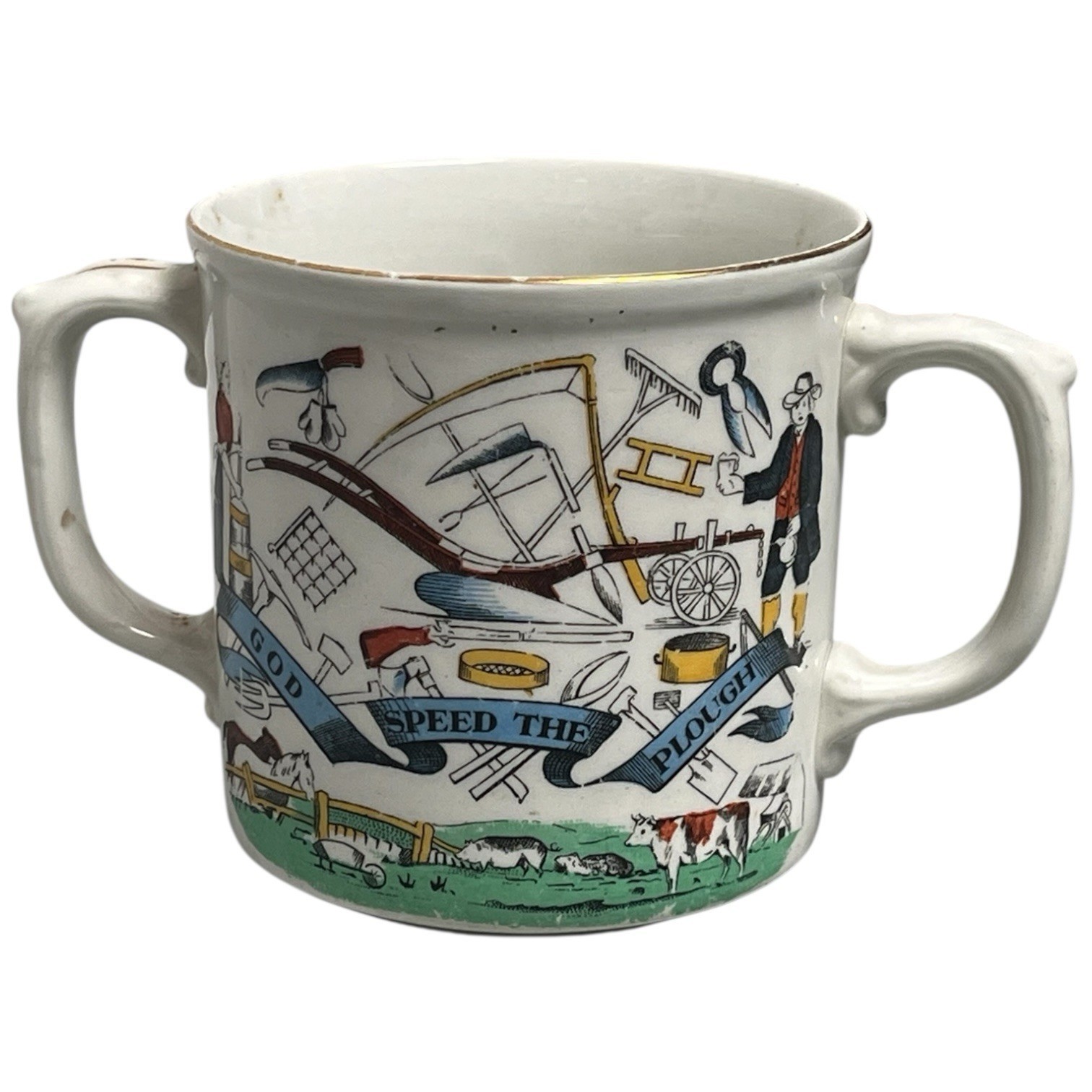 Antique 19th Century Double Handled Mug Farmer&#39;s Arms God Speed The Plou... - $95.00
