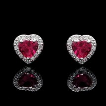 1CT Halo Coeur Boucles D&#39;Oreilles Rubis Rouge Simulé Diamant Clous 14K or Blanc - £100.61 GBP
