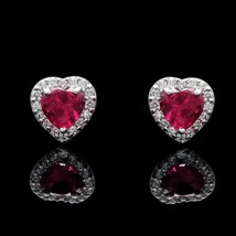 1CT Halo Coeur Boucles D&#39;Oreilles Rubis Rouge Simulé Diamant Clous 14K or Blanc - £88.43 GBP