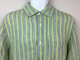 Express Men&#39;s Green Striped Button Up Shirt White Gray Irish Linen Size ... - $59.99