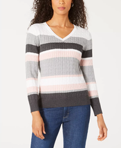 KAREN SCOTT Pastel Striped Cotton V-neck Cableknit Sweater NWT M - £11.89 GBP