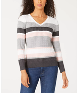KAREN SCOTT Pastel Striped Cotton V-neck Cableknit Sweater NWT M - $14.90