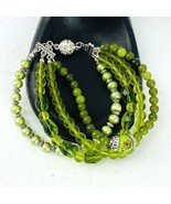 Green Stack Bracelet Swarovski Crystals Pearl 4 Strand Magnetic Clasp  - £23.58 GBP