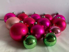 Vintage Shiny Brite Pink &amp; Green Glass ball tree ornaments set #5 - $35.48