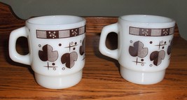 2X  Anchor Hocking Fire King 8 oz. White Milk Glass Brown Leaf D Handle Mugs - $13.99