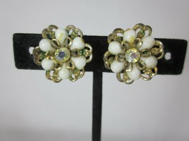 Vintage Gold Tone White Flower Shape with Center Rhinestone Screwback Ea... - $19.79