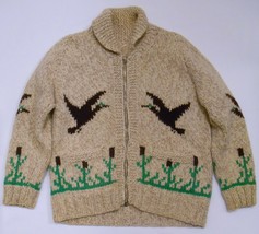 Ducks &amp; Bullrushes Vtg 100% Wool Sweater Coat Hand Knit Jacket Full Zip M / L - £55.91 GBP