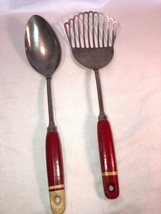 Two Vintage Kitchen Utensils Red Painted Wooden Handles Spatula And Spoon - $24.99