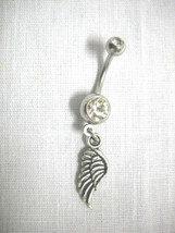 New Double Sided Feathered Angel Wing Charm On 14G Clear Cz Belly Button Ring - £3.98 GBP