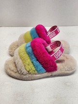 UGG Fluff Yeah Slide Girls US Size 2 Pink Blue Yellow Cream Rainbow Sandals GUC - £15.54 GBP