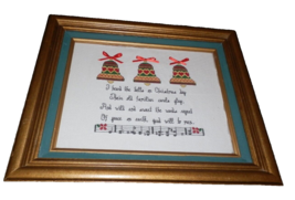 Vintage Finished Cross Stitch Framed CHRISTMAS BELLS Song Lyrics Musical Notes - £27.24 GBP