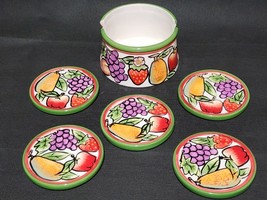Porcelain Fruit Round Coasters Hand Painted Set Of 5 With Holder - Unbra... - $13.98
