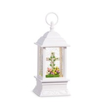 9.5 inch lighted glitter water lantern snow globe with cross in a bed of tulips, - £74.78 GBP