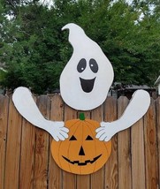 Jumbo Happy Ghost w/ Pumpkin Jack o&#39; Lantern Halloween Fence Peeker Yard... - £148.67 GBP