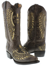 Womens Western Wear Boots Brown Leather Gold Sequins Inlay Wings Snip Toe - £77.35 GBP