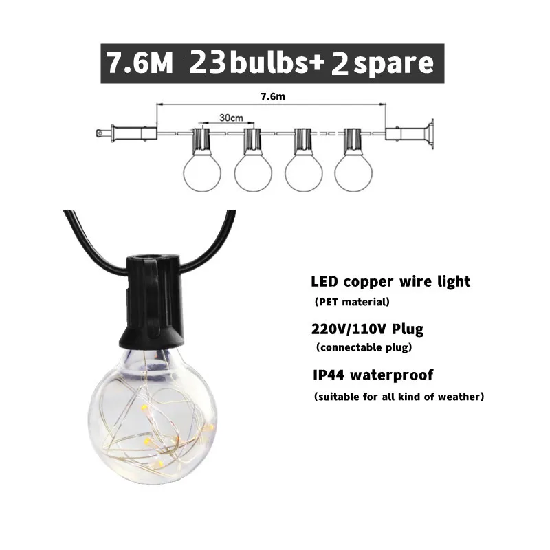 25 Bulbs LED String Light Outdoor G40 Globe Patio Waterproof Lights Plastic Hous - £214.18 GBP