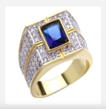 Gold Royal Blue Square Gem Rhinestone Ring Size 7 8 9 10 11 12 13 - £31.96 GBP