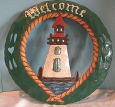 PRIMATIVE METAL TIN WELCOME SIGN  LIGHTHOUSE NAUTICAL WALL ACCENT GREEN - £19.47 GBP