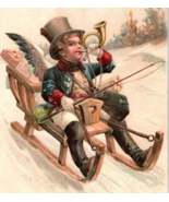 c1910 Embossed Boy On Sled With Top Hat Playing French Horn Valentine Po... - $29.88 CAD