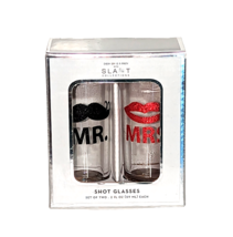 Mr. Mrs. Novelty Shot Glasses Black Mustache Red Lips Glitter Clear 4&quot; Set of 2 - £6.31 GBP