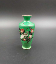 Vintage Peacock Floral Green Enamel over Brass Vase Chinese 4.75&quot; - $16.78