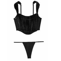 VS Dream Angels Velvet Corset Top Smooth Adjustable Thong Panty Set Blac... - $1,332.55 MXN