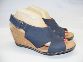 Clarks Women&#39;s Size 9.5 M Blue Leather Cork Slingback 3&quot; Wedges Sandals Shoes - £17.90 GBP