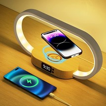 Bedside Lamp w/Wireless Charger Clock USB Charging Port Touch Control Nightstand - £44.74 GBP