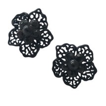 Victorian Earrings Black Lace Floral Enameled Rhinestones Goth Metal Mou... - £13.28 GBP