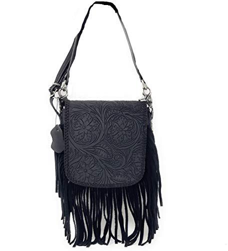 Western Genuine Leather Floral Tooled Fringe Womens Crossbody Bag 3 Color - $31.99
