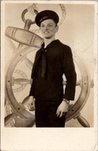 Young US Navy Sailor Big Smile Faux Ships Wheel Backdrop c1940 RPPC Postcard Z18 - £8.78 GBP