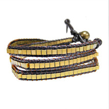 Cool and Stylish Brass Squares with Genuine Leather Wrap Bracelet - £15.59 GBP