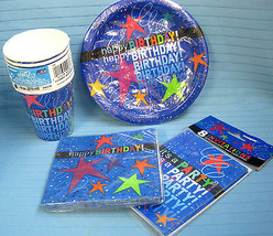 Happy Birthday Party Lot 8ct Cups Plates Napkins Invitations All Ages Star Blue - £13.51 GBP