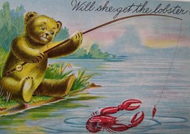 Will She Get The Lobster Brown Bear Fishing Fantasy Postcard Original Antique - £29.26 GBP