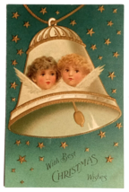 With Best Christmas Wishes Gold Embossed Bell w/ Children Postcard c1908 Germany - £10.29 GBP