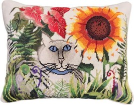 Pillow Throw Needlepoint Cat in the Garden 16x20 20x16 Green Purple Red Pink - £227.25 GBP