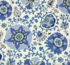 Braemore Silsila Indian Sea Blue Large Suzani Floral Linen Fabric 12 Yard 54&quot;W - £134.17 GBP