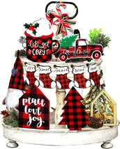 Buffalo Plaid Theme Decor Peace Joy Wood Block Xmas Socks Banners For Christmas - £33.64 GBP