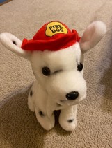 Vintage Fire Dog Dalmatian Plush Puppy 10&quot; Stuffed Animal Red Fire Man Hat - £13.13 GBP