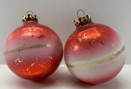 Vintage Lot 2 Pink White Stripe 3.25 in Christmas Glass Ornaments - £17.98 GBP