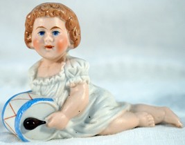 Cute Vintage German Figurine of a Little Girl in a Nightgown with a Drum - $25.99