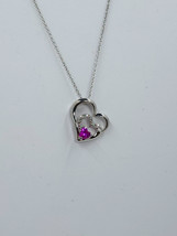 Samuel Aaron Lab Created Pink Sapphire &amp; Diamond Heart Sterling Silver Necklace - £12.01 GBP