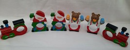 Vintage Christmas Painted Napkin Rings Bears Trains Santa Wood Wooden Set Of 6 - £10.16 GBP