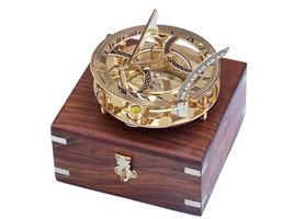 Solid Brass Round Sundial Compass w/ Rosewood Box 6&quot;&quot; - £61.42 GBP