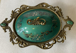Vintage Mcm 1950s ? Judacia Israel Brass Enamel Painted Teal Green Bowl Dish Lid - £58.29 GBP