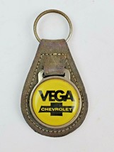 Vintage Chevrolet Vega leather keychain keyring metal back Blue Gray - $10.29