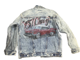 Vintage Mens Jean Jacket Small Gap Handpainted &#39;57 Cars Chevy Grunge Retro Denim - £74.45 GBP