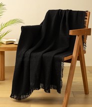 Vitalizart Black Throw Blanket For Couch Sofa Bed Waffle Knit Fringe 50&quot; X 60&quot; - £29.88 GBP